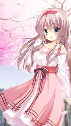 Rule 34 | 1girl, blue eyes, bow, chaamii, cherry blossoms, collarbone, day, dress, eyebrows, grey hair, hair between eyes, hair bow, hairband, hand in own hair, highres, long hair, looking at viewer, open mouth, outdoors, red hairband, sanoba witch, shiiba tsumugi, solo