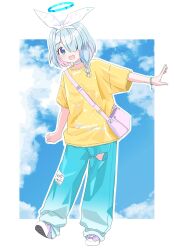 Rule 34 | 1girl, arona (blue archive), bag, baggy pants, blue archive, blue eyes, blue hair, blue halo, blue pupils, bow hairband, bracelet, braid, choker, cloud, cloudy sky, colored inner hair, full body, hair over one eye, hairband, halo, highres, jewelry, kousuke0912, multicolored hair, open mouth, oversized clothes, oversized shirt, pants, pink hair, shirt, shoes, short hair, short sleeves, shoulder bag, sky, sneakers, standing, standing on one leg, white choker, white hairband, yellow shirt
