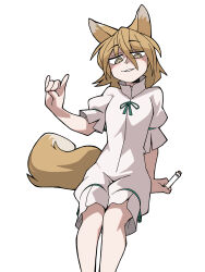Rule 34 | 1girl, absurdres, animal ears, brown eyes, brown hair, commentary, eddybird55555, english commentary, fox ears, fox girl, fox shadow puppet, fox tail, hair between eyes, half-closed eyes, highres, kudamaki tsukasa, looking at viewer, parody, parted lips, ringed eyes, romper, short hair, short sleeves, solo, style parody, tail, test tube, touhou, vanripper (style)