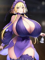 Rule 34 | 1girl, bare shoulders, bell, blonde hair, breasts, chestnut mouth, cleavage, collarbone, curvy, dress, elf, female focus, green eyes, handbell, holding, holding bell, huge breasts, kisuke i, looking at viewer, open mouth, pointy ears, purple dress, purple thighhighs, shiny skin, short hair, sideboob, solo, standing, thick thighs, thighhighs, thighs, wide hips