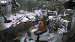 Rule 34 | 1girl, assault rifle, black dress, book, book stack, closed mouth, cup, curtains, desk, desk lamp, dress, frown, goddess of victory: nikke, goggles, goggles on head, gun, hammer, highres, indoors, lamp, long hair, mage staff, mug, official art, on chair, polishing, rifle, sawana, second-party source, sitting, sniper rifle, snow white (innocent days) (nikke), solo, swivel chair, watermark, weapon, white hair, wiping, wrench, yellow eyes