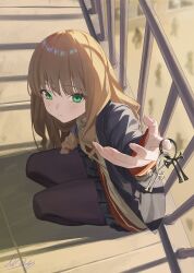 Rule 34 | 1girl, against railing, ankh, black jacket, black pantyhose, black skirt, blazer, blurry, blurry background, blush, brown hair, commentary, crowd, from above, green eyes, gridman universe, highres, jacket, layered clothes, long hair, looking at viewer, m.q (mqkyrie), minami yume, outdoors, pantyhose, pleated skirt, presenting, railing, school uniform, shirt, signature, skirt, solo, squatting, ssss.dynazenon