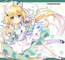 Rule 34 | 1girl, ameto yuki, animal ear fluff, animal ears, apron, armband, artist name, black footwear, blonde hair, cat ears, closed mouth, commentary request, digital thermometer, dress, green dress, green eyes, hair between eyes, hands up, hat, highres, long hair, low twintails, nurse, nurse cap, original, pantyhose, pleated dress, safety pin, shoes, smile, solo, thermometer, twintails, very long hair, white apron, white hat, white pantyhose