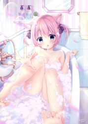 Rule 34 | 1girl, air bubble, animal ear fluff, animal ears, bath, bathing, bathroom, bathtub, blue eyes, blush, bob cut, bow, breasts, bubble, cat ears, convenient censoring, hair between eyes, hair bow, hair ribbon, highres, indoors, large breasts, looking at viewer, momochi chia, nude, open mouth, original, pink hair, reaching, reaching towards viewer, ribbon, short hair, short twintails, soap bubbles, soles, solo, twintails, zenra