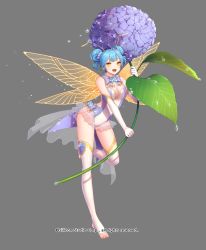 Rule 34 | 1girl, antennae, barefoot sandals (jewelry), blue hair, bodysuit, bow, bowtie, breasts, cleavage, company name, double bun, fairy, fairy wings, fantasy, feet, flower, full body, grey background, gyakushuu no fantasica, hair bun, leaf, millgua, no shoes, official art, open mouth, simple background, solo, thighhighs, toeless legwear, toes, wings, yellow eyes