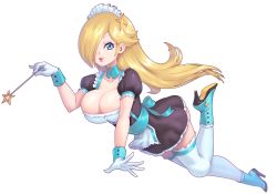 Rule 34 | 1girl, alternate costume, apron, back bow, black dress, blonde hair, blue bow, blue choker, blue eyes, blue footwear, blue ribbon, bow, breasts, choker, cleavage, closed mouth, collarbone, dress, female focus, floating, frilled apron, frilled dress, frilled sleeves, frilled thighhighs, frills, full body, gloves, hair flaps, hair ornament, hair over one eye, hand up, happy, high heels, highres, holding, holding wand, knees together feet apart, large breasts, leg up, lips, long hair, looking at viewer, maid, maid headdress, mario (series), nintendo, one eye covered, pinky out, puffy short sleeves, puffy sleeves, ribbon, rosalina, shoes, short dress, short sleeves, sidelocks, simple background, skindentation, smile, solo, star (symbol), star hair ornament, supersatanson, thighhighs, thighs, transparent background, waist apron, wand, white apron, white gloves, white thighhighs, zettai ryouiki