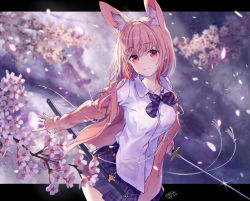 Rule 34 | 1girl, animal ear fluff, animal ears, blurry, blurry background, blush, bow, bowtie, breasts, cardigan, cherry blossoms, closed mouth, collared shirt, commentary request, cowboy shot, dated, dress shirt, fox ears, hair between eyes, highres, holding, holding sword, holding weapon, katana, large breasts, letterboxed, long hair, long sleeves, looking at viewer, miniskirt, open cardigan, open clothes, original, outside border, petals, pink cardigan, pink eyes, pink hair, plaid, plaid skirt, purple bow, purple bowtie, purple skirt, sanbasou, school uniform, sheath, shirt, signature, skirt, smile, solo, striped bow, striped bowtie, striped clothes, striped neckwear, sword, weapon, white shirt