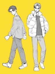Rule 34 | 2boys, bikkusama, cigarette, closed mouth, coat, denim, eyebrows, fujiwara takumi, hair up, hand in pocket, initial d, jacket, jeans, jewelry, lips, long sleeves, looking at another, looking back, male focus, multiple boys, necklace, pale skin, pants, parted bangs, shirt, shoes, short hair, sleeves past elbows, smoking, spiked hair, standing, takahashi keisuke, walking, winter clothes, winter coat, yellow background