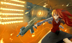 Rule 34 | 1girl, ahoge, armored core, armored core: for answer, armored core 5, assault rifle, baketsuya, bleeding, blood, clenched teeth, collarbone, dirty, dress, dress shirt, embodiment of scarlet devil, female focus, fighting stance, glowing, glowing weapon, gun, head wings, highres, huge weapon, injury, koakuma, pun, red eyes, red hair, rifle, shirt, skirt, solo, teeth, touhou, vest, weapon, white shirt, wings