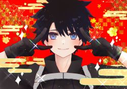 Rule 34 | 1boy, absurdres, black gloves, black hair, black jacket, blue eyes, blush, checkered background, closed mouth, double v, egasumi, emotional engine - full drive, fate/grand order, fate (series), floral background, fujimaru ritsuka (male), fujimaru ritsuka (male) (polar chaldea uniform), gloves, hands up, highres, jacket, looking at viewer, male focus, melty (corolla), parody, polar chaldea uniform, red background, short hair, smile, solo, sparkle, spiked hair, suspenders, v