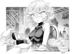 Rule 34 | 1girl, blush, bottle, bread, breasts, cup, curly hair, dress, drinking glass, food, greyscale, jewelry, mogudan, monochrome, necklace, one-punch man, pearl necklace, marriage proposal, restaurant, ring, salad, short hair, sleeveless, sleeveless dress, small breasts, surprised, tatsumaki, wine bottle, wine glass