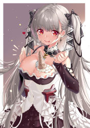 Rule 34 | 1girl, absurdres, azur lane, black bow, black dress, bow, breasts, cleavage, clothing cutout, detached collar, dress, earrings, food, food on body, food on breasts, formidable (azur lane), frilled dress, frills, grey hair, hair bow, hands up, highres, ice cream, jewelry, kikimi, large breasts, long hair, long sleeves, looking at viewer, red eyes, shoulder cutout, smile, solo, tongue, tongue out, twintails, upper body, very long hair