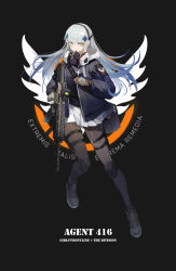 Rule 34 | 1girl, absurdres, agent 416 (girls&#039; frontline), agent 416 (shield of manhattan) (girls&#039; frontline), assault rifle, commentary request, facial mark, full body, girls&#039; frontline, gloves, green eyes, gun, h&amp;k hk416, hair ornament, highres, hk416 (girls&#039; frontline), holding, holding gun, holding weapon, jacket, knee pads, latin text, long hair, long sleeves, mask, mask around neck, official alternate costume, open clothes, open jacket, optical sight, p416, pantyhose, pleated skirt, respirator, rifle, shoes, silver hair, skirt, solo, tom clancy&#039;s the division, umi okami kun, vertical forward grip, weapon, white skirt