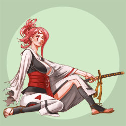 Rule 34 | 1girl, amputee, arc system works, baiken, breasts, cleavage, facepaint, feet, guilty gear, hyperman ys, japanese clothes, katana, large breasts, law, lips, lipstick, long hair, makeup, obi, one-eyed, one eye closed, pink eyes, pink hair, red eyes, sandals, sash, scar, scar across eye, scar on face, sheath, sheathed, simple background, sitting, solo, sword, tattoo, toeless legwear, weapon, wink