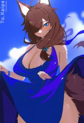Rule 34 | 1girl, absurdres, animal ears, animal nose, blue dress, blue eyes, blush, body fur, bracelet, breasts, brown fur, cleavage, clothes lift, cloud, commission, dress, dress lift, furry, furry female, hair over one eye, head tilt, highres, jewelry, large breasts, looking at viewer, mei kemo, one eye covered, original, skeb commission, sky, smile, solo, tail