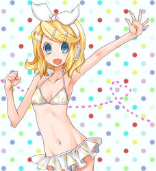 Rule 34 | 1girl, :d, armpits, bad id, bad pixiv id, bikini, blonde hair, blue eyes, breasts, fang, frilled bikini, frills, gathers, headset, kagamine rin, mikipa, navel, open mouth, outstretched arm, polka dot, project diva, project diva (series), short hair, small breasts, smile, solo, swimsuit, vocaloid, waving, white bikini