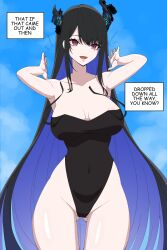 Rule 34 | 1girl, :d, absurdres, areola slip, asymmetrical horns, black hair, black horns, black nails, black one-piece swimsuit, blue hair, blue sky, breasts, cleavage, cloud, covered navel, day, daydarion, english text, gluteal fold, groin, highleg, highleg swimsuit, highres, hololive, hololive english, horns, large breasts, long hair, mole, mole under eye, nerissa ravencroft, one-piece swimsuit, open mouth, outdoors, red eyes, sky, smile, solo, speech bubble, swimsuit, undressing, untied swimsuit, untying, very long hair, virtual youtuber