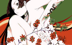 Rule 34 | 1girl, armpits, black eyes, breasts, brown hair, censored, cleavage, convenient censoring, dragon, female focus, flower, highres, jewelry, knee up, leaf, long hair, magatama, natsume aya, necklace, nude, oogure ito, solo, tattoo, tenjou tenge, very long hair