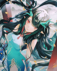 Rule 34 | 1girl, absurdres, aqua hair, arknights, bare shoulders, black hair, blue dress, blue skin, china dress, chinese clothes, colored skin, dragon girl, dragon horns, dragon tail, dress, dusk (arknights), dusk (everything is a miracle) (arknights), earrings, from above, fuyuumikou, gradient skin, highres, horns, ink, jewelry, long hair, looking at viewer, looking up, multicolored hair, official alternate costume, parted lips, pelvic curtain, petals, pointy ears, red eyes, sleeveless, sleeveless dress, smile, solo, swept bangs, tail, tassel, tassel earrings, two-tone hair, very long hair
