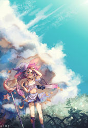 Rule 34 | 1girl, :d, absurdres, alternate costume, blue sky, breasts, casual, choker, cleavage, cloud, cloudy sky, collarbone, commentary request, detached sleeves, earrings, genshin impact, green eyes, hair between eyes, hat, highres, holding, holding own hair, huge filesize, jewelry, long hair, looking away, looking up, midriff, mona (genshin impact), navel, open mouth, purple hair, rishixiyan, sidelocks, sky, smile, solo, staff, summer, twintails, witch hat
