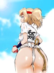 Rule 34 | alternate hairstyle, artist name, ass, blonde hair, blue eyes, blue sky, can, closed mouth, clothes writing, cloud, cloudy sky, coca-cola, commentary, cowboy shot, day, drink can, festival, from behind, fundoshi, girls und panzer, hair up, headband, highres, hiyama yuu (wee259hiyama), holding, holding can, japanese clothes, kay (girls und panzer), long hair, looking at viewer, looking back, medium hair, mizu happi, one-hour drawing challenge, ponytail, red headband, rope, shirt, short sleeves, signature, sky, smile, soda can, solo, standing, thigh gap, tied shirt, white shirt, wristband