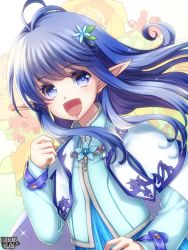 Rule 34 | 1girl, :d, ahoge, blue eyes, blue hair, copyright name, elf, floral background, flower, hair flower, hair ornament, kerberos blade, long hair, looking at viewer, official art, open mouth, pointy ears, sidelocks, smile, solo, upper body, yukino (yuki 00)