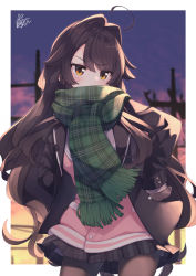 Rule 34 | 1girl, ahoge, black hair, black jacket, blurry, blurry background, blush stickers, brown eyes, brown mittens, brown pantyhose, cardigan, commentary request, contrapposto, depth of field, fringe trim, green scarf, hair between eyes, hair intakes, hands on own hips, jacket, long hair, mittens, natsuki-chan (natsuki teru), natsuki teru, open clothes, open jacket, original, pantyhose, pink cardigan, plaid, plaid scarf, scarf, signature, solo, standing, sunset, very long hair