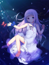 Rule 34 | 1girl, absurdres, anyannko, bad id, bad pixiv id, barefoot, blue eyes, bug, butterfly, dress, heterochromia, highres, insect, long hair, original, partially submerged, purple eyes, purple hair, shade, solo, water, white dress, white hair