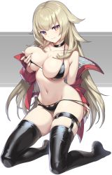 Rule 34 | 1girl, alternate eye color, alternate hair color, azur lane, bikini, black bikini, black thighhighs, blonde hair, breast hold, breasts, cleavage, collarbone, cosplay, gomashio ponz, hair ornament, highres, jacket, kneeling, large breasts, lifted by self, navel, official alternate costume, open clothes, open jacket, seductive smile, skindentation, smile, solo, swimsuit, taihou (azur lane), taihou (azur lane) (cosplay), taihou (enraptured companion) (azur lane), thigh strap, thighhighs, yellow eyes