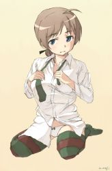 Rule 34 | 00s, 1girl, bad id, bad pixiv id, blue eyes, brown hair, lynette bishop, negoro shuujirou, panties, ribbon, socks, solo, strike witches, striped clothes, striped socks, striped thighhighs, thighhighs, underwear, undressing, world witches series