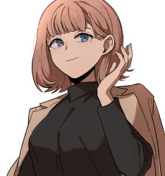 Rule 34 | 1girl, blue eyes, bob cut, breasts, brown hair, coat, coat on shoulders, commentary, fujimaru nono, hair behind ear, hand up, long sleeves, looking at viewer, nana 0253, shirt, short hair, simple background, smile, solo, turtleneck, upper body, white background, world trigger
