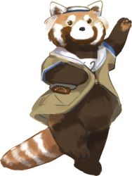Rule 34 | brown jacket, chamaruk, cosplay, i-26 (kancolle), i-26 (kancolle) (cosplay), jacket, kantai collection, leg up, name tag, no humans, red panda, sailor collar, school swimsuit, simple background, swimsuit, swimsuit under clothes, tail, white background