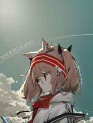 Rule 34 | 1girl, absurdres, angelina (arknights), animal ears, arknights, black bow, bow, brown hair, cellphone, chichi guai, closed mouth, cloud, commentary, contrail, earpiece, english text, fox ears, from side, glasses, hair bow, hairband, highres, holding, holding phone, huge filesize, infection monitor (arknights), jacket, long hair, looking at phone, noise, phone, profile, red eyes, red hairband, sky, smartphone, solo, striped clothes, striped hairband, twintails, upper body, white jacket