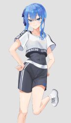 Rule 34 | 1girl, absurdres, black shorts, black tank top, blue eyes, blue hair, crop top, grin, hair ribbon, hands on own hips, highres, hololive, hololive dance practice uniform, hoshimachi suisei, looking at viewer, official alternate costume, ribbon, shirt, shoes, shorts, side ponytail, simple background, smile, sneakers, solo, spandex, standing, standing on one leg, star (symbol), star in eye, symbol in eye, tank top, virtual youtuber, white shirt, younhand