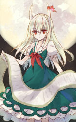 Rule 34 | 1girl, bad id, bad pixiv id, dress, ex-keine, full moon, green hair, horn ornament, horn ribbon, horns, kamishirasawa keine, lilith (lilithchan), long hair, moon, puffy short sleeves, puffy sleeves, red eyes, ribbon, scroll, short sleeves, sketch, solo, touhou