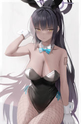 Rule 34 | 1girl, animal ears, aumann, bare shoulders, black hair, black leotard, blue archive, blue bow, blue bowtie, blush, bow, bowtie, breasts, cleavage, curvy, dark-skinned female, dark skin, fake animal ears, fishnet pantyhose, fishnets, gloves, grey background, halo, highleg, highleg leotard, highres, karin (blue archive), karin (bunny) (blue archive), large breasts, leotard, long hair, looking to the side, number tattoo, official alternate costume, pantyhose, playboy bunny, rabbit ears, shiny clothes, shiny skin, shoulder tattoo, simple background, sitting, solo, tattoo, traditional bowtie, very long hair, white gloves, wide hips, yellow eyes