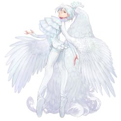 Rule 34 | 1girl, absurdly long hair, brown eyes, closed mouth, feathered wings, feathers, fingernails, frills, long hair, original, peacock feathers, signature, simple background, solo, spikes, tiptoes, very long hair, waterstaring, white background, white hair, white theme, wings