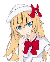 Rule 34 | 1girl, blonde hair, blue eyes, bow, bowtie, capelet, closed mouth, gin&#039;iro kyabetsu, hat, hat bow, lily white, long hair, looking at viewer, red bow, red bowtie, short sleeves, simple background, smile, solo, touhou, upper body, white background, white capelet, white hat