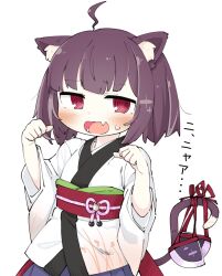 1girl @_@ ahoge animal_ears blush brown_hair cat_ears cat_girl cat_tail fang hair_ornament highres japanese_clothes kimono konori_(ahurerukuiizi) medium_hair obi paw_pose red_eyes sash skin_fang solo tail touhoku_kiritan unworn_hair_ornament voiceroid white_background