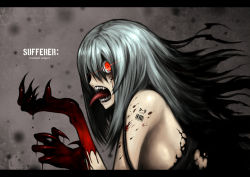 Rule 34 | 1girl, barcode, blood, claws, creepy, gia, glowing, glowing eyes, grey background, horror (theme), letterboxed, original, red eyes, sharp teeth, solo, teeth, tongue, white hair