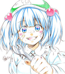 Rule 34 | 1girl, :d, bad id, bad pixiv id, bandaid, bandaid on face, blue dress, blue eyes, blue hair, bruise, colored eyelashes, crayon (medium), dress, hair between eyes, hair ornament, highres, injury, kawashiro nitori, long sleeves, looking at viewer, matching hair/eyes, nora wanko, open mouth, overexposure, puffy long sleeves, puffy sleeves, smile, solo, tools, touhou, traditional media, twintails, two side up