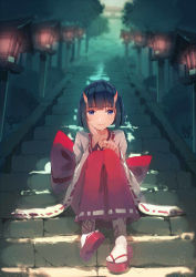 Rule 34 | 1girl, black hair, blue eyes, blush, horns, japanese clothes, looking at viewer, miko, oni, oni horns, original, ribbon-trimmed sleeves, ribbon trim, short hair, sitting, sitting on stairs, smile, solo, stairs, white legwear, yasumo (kuusouorbital), traditional youkai
