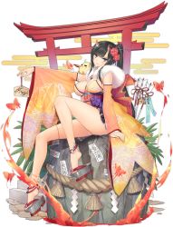Rule 34 | 1girl, arrow (projectile), ass, azur lane, bare shoulders, bird, black hair, breasts, bug, butterfly, chick, cleavage, detached sleeves, egasumi, ema, flower, fur collar, hair flower, hair ornament, hamaya, head tilt, highres, holding, horns, insect, japanese clothes, kimono, knee up, large breasts, long hair, long sleeves, looking at viewer, manjuu (azur lane), new year, obi, official alternate costume, official art, ofuda, okobo, oni horns, outstretched arm, platform clogs, platform footwear, ponytail, red flower, rope, ryuuhou (azur lane), ryuuhou (firebird&#039;s new year dance) (azur lane), sandals, sash, shide, sitting, smile, solo, thighs, tony taka, torii, transparent background, very long hair, wide sleeves, yellow kimono