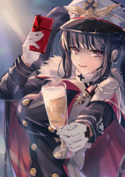 Rule 34 | 1girl, azur lane, black coat, black hair, box, breasts, buttons, cape, champagne flute, coat, cup, double-breasted, drinking glass, earrings, fur-trimmed cape, fur trim, gift, gift box, gloves, hat, highres, holding, holding cup, holding gift, jewelry, large breasts, long hair, looking at viewer, medal, military hat, peaked cap, peter strasser (azur lane), purple eyes, red cape, shika (shika0), solo, twintails, upper body, very long hair, white gloves, white hat