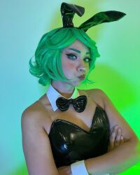 Rule 34 | 1girl, alternate costume, breasts, cosplay, crossed arms, female focus, green eyes, green hair, highres, indoors, leotard, looking at viewer, mexican (nationality), one-punch man, photo (medium), playboy bunny, rabbit ears, short hair, small breasts, solo, taliverse, tatsumaki, tatsumaki (cosplay), upper body