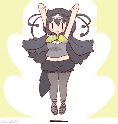 Rule 34 | 1girl, arms up, bird girl, bird tail, black hair, bow, bowtie, cape, coroha, full body, hat, jumping, kemono friends, looking at viewer, navel, pantyhose, shoes, short hair, shorts, simple background, solo, tail, tank top, western parotia (kemono friends)
