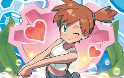 Rule 34 | 1girl, ;), aqua eyes, blue eyes, breasts, brown hair, bubble, clam shell, closed mouth, creatures (company), floral background, flower, game freak, gym leader, heart, ishikawa hideki, looking at viewer, midriff, misty (pokemon), navel, nintendo, official art, one eye closed, orange hair, pokemon, pokemon lgpe, pokemon tcg, ponytail, seaweed, shoes, short hair, shorts, side ponytail, single shoe, small breasts, smile, sneakers, solo, standing, tank top, third-party source