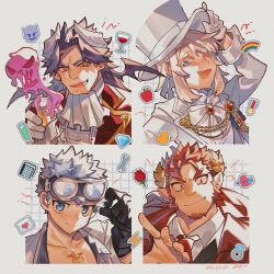 Rule 34 | 4boys, apple, ascot, bandaid, bandaid on cheek, bandaid on face, black gloves, blonde hair, blue eyes, blush, checkered background, chest tattoo, claude (housamo), commentary request, demon horns, emoji, facial hair, fangs, fangs out, flower, food, formal, fruit, gem (symbol), gloves, goatee, goggles, goggles on head, gomoku (gomoku418), green eyes, grey background, grid background, hair intakes, hair strand, hair wings, hat, heart, highres, horns, isaac (housamo), jacket, jewelry, lapels, laurel crown, lightning bolt symbol, long hair, long sideburns, looking at viewer, lucifuge (housamo), male focus, mature male, multiple boys, muscular, muscular male, notched lapels, open mouth, peaked lapels, portrait, purple liquid, rainbow, red hair, red jacket, ring, rose, shirt, short hair, sideburns, smile, sticker, suit, tattoo, thick eyebrows, tokyo houkago summoners, top hat, tuaring (housamo), upper body, white hair, white headwear, white suit, wings, wrench, yellow eyes