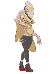 Rule 34 | 1girl, absurdres, alternate color, alternate hair color, arm above head, arm up, armpits, black pants, black socks, blonde hair, breasts, chest sarashi, cleavage, colored skin, colored tongue, commentary, earrings, eyeliner, fang, folding fan, full body, hair over one eye, hand fan, highres, holding, holding fan, jewelry, looking at viewer, makeup, medium breasts, medium hair, multicolored skin, multiple earrings, nintendo, octoling, one eye covered, open mouth, pants, pero (pero7762), platform footwear, platform heels, red eyeliner, red eyes, red footwear, sarashi, shawl, shiver (splatoon), shoes, simple background, socks, solo, splatoon (series), splatoon 3, standing, tentacle hair, tongue, tongue out, white background, yellow shawl, yellow skin, yellow tongue