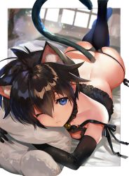 Rule 34 | 1girl, ahoge, animal ears, ass, back, bare shoulders, bed, bell, black bra, black gloves, black hair, black panties, black thighhighs, blue eyes, bra, breasts, butt crack, cat ears, cat tail, closed mouth, collar, commentary request, elbow gloves, feet up, genderswap, genderswap (mtf), gloves, hair between eyes, highres, houshin engi, indoors, looking at viewer, lying, mimoza (96mimo414), neck bell, hugging object, on bed, on stomach, one eye closed, panties, pillow, pillow hug, short hair, side-tie panties, small breasts, solo, strap slip, taikoubou, tail, thighhighs, underwear, underwear only